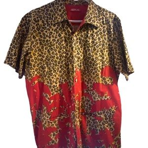 Vintage cheetah print/red palm tree short sleeve button down shirt - RARE